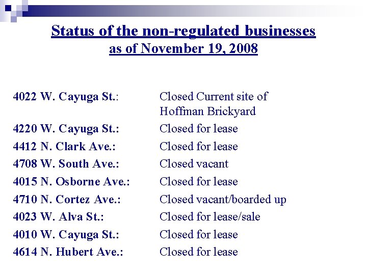 Status of the non-regulated businesses as of November 19, 2008 4022 W. Cayuga St.