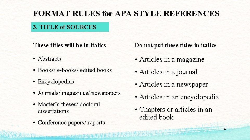 FORMAT RULES for APA STYLE REFERENCES 3. TITLE of SOURCES These titles will be