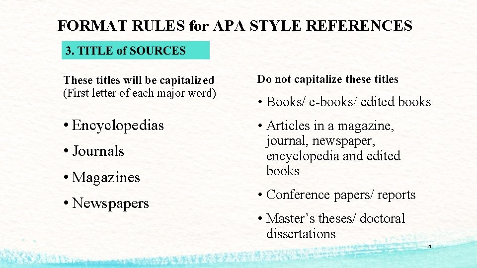 FORMAT RULES for APA STYLE REFERENCES These titles will be capitalized (First letter of