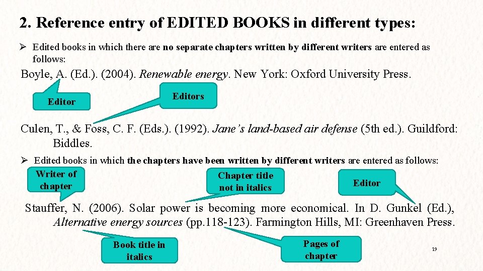 2. Reference entry of EDITED BOOKS in different types: Ø Edited books in which