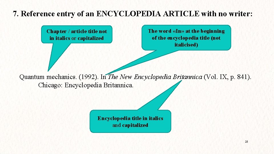 7. Reference entry of an ENCYCLOPEDIA ARTICLE with no writer: Chapter / article title