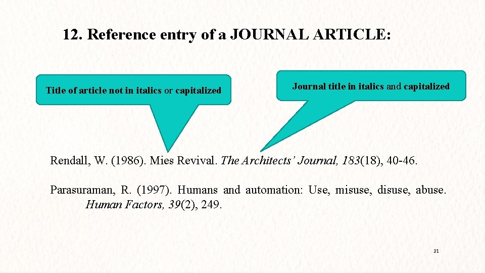 12. Reference entry of a JOURNAL ARTICLE: Title of article not in italics or