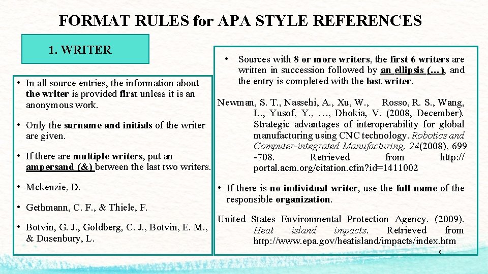 FORMAT RULES for APA STYLE REFERENCES 1. WRITER • In all source entries, the