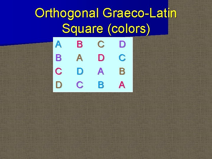 Orthogonal Graeco-Latin Square (colors) A B C D B A D C C D