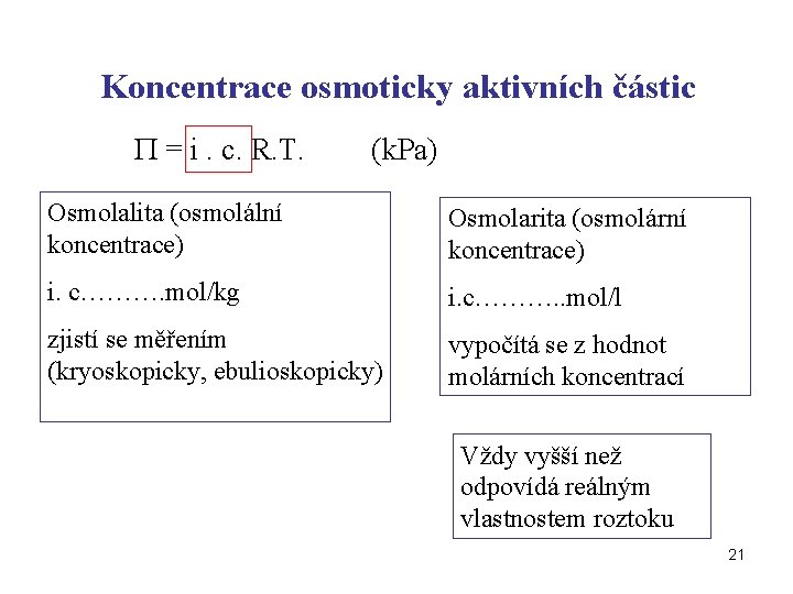 Koncentrace osmoticky aktivních částic = i. c. R. T. (k. Pa) Osmolalita (osmolální koncentrace)