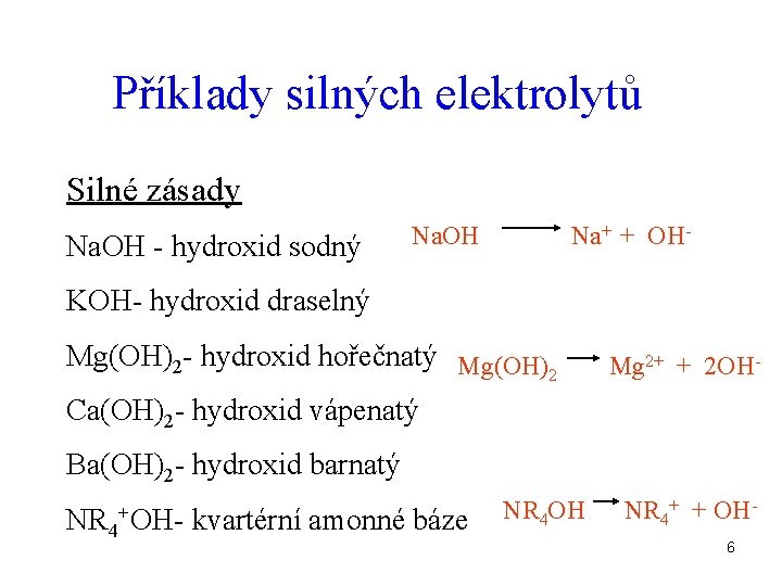 Příklady silných elektrolytů Silné zásady Na. OH - hydroxid sodný Na. OH Na+ +