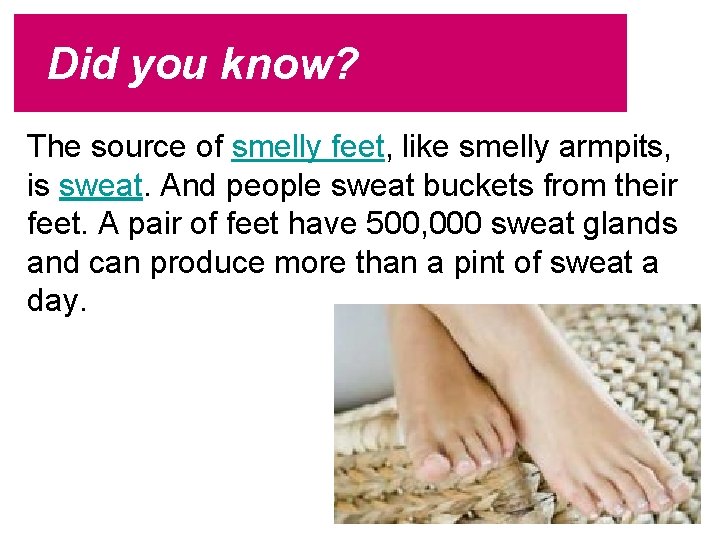 Did you know? The source of smelly feet, like smelly armpits, is sweat. And Did you know? The source of smelly feet, like smelly armpits, is sweat. And