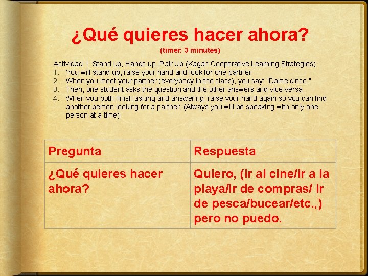 ¿Qué quieres hacer ahora? (timer: 3 minutes) Actividad 1: Stand up, Hands up, Pair