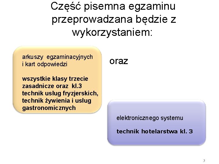 Część pisemna egzaminu przeprowadzana będzie z wykorzystaniem: arkuszy egzaminacyjnych i kart odpowiedzi oraz wszystkie