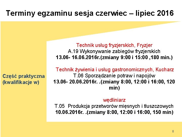 Terminy egzaminu sesja czerwiec – lipiec 2016 Technik usług fryzjerskich, Fryzjer A. 19 Wykonywanie