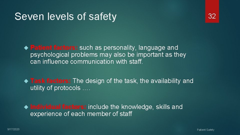 Seven levels of safety 32 Patient factors: such as personality, language and psychological problems