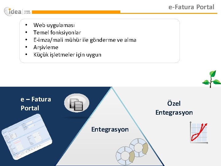 e-Fatura Portal • • • Web uygulaması Temel fonksiyonlar E-imza/mali mühür ile gönderme ve