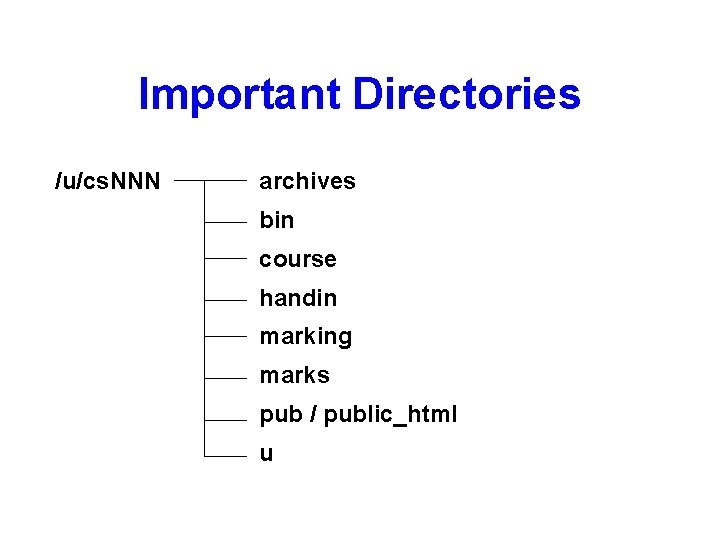 Important Directories /u/cs. NNN archives bin course handin marking marks pub / public_html u