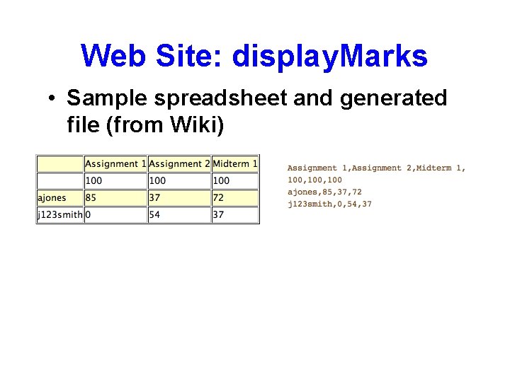 Web Site: display. Marks • Sample spreadsheet and generated file (from Wiki) 