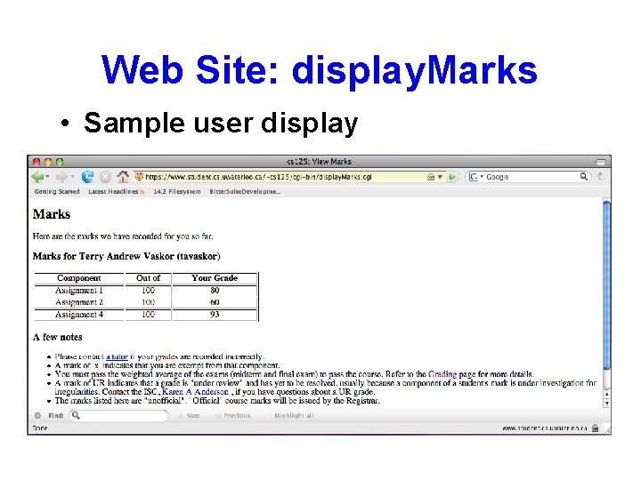 Web Site: display. Marks • Sample user display 