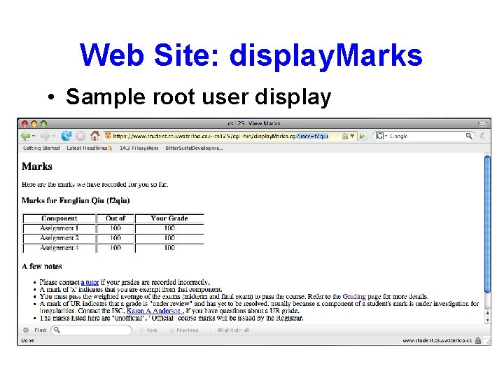 Web Site: display. Marks • Sample root user display 