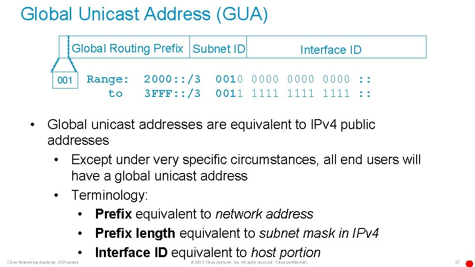 Global Unicast Address (GUA) Global Routing Prefix Subnet ID 001 Range: to 2000: :