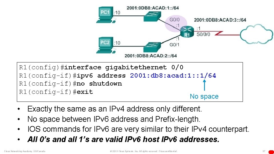 R 1(config)#interface gigabitethernet 0/0 R 1(config-if)#ipv 6 address 2001: db 8: acad: 1: :