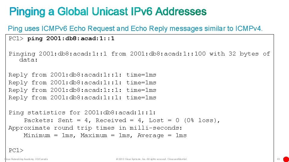 Ping uses ICMPv 6 Echo Request and Echo Reply messages similar to ICMPv 4.