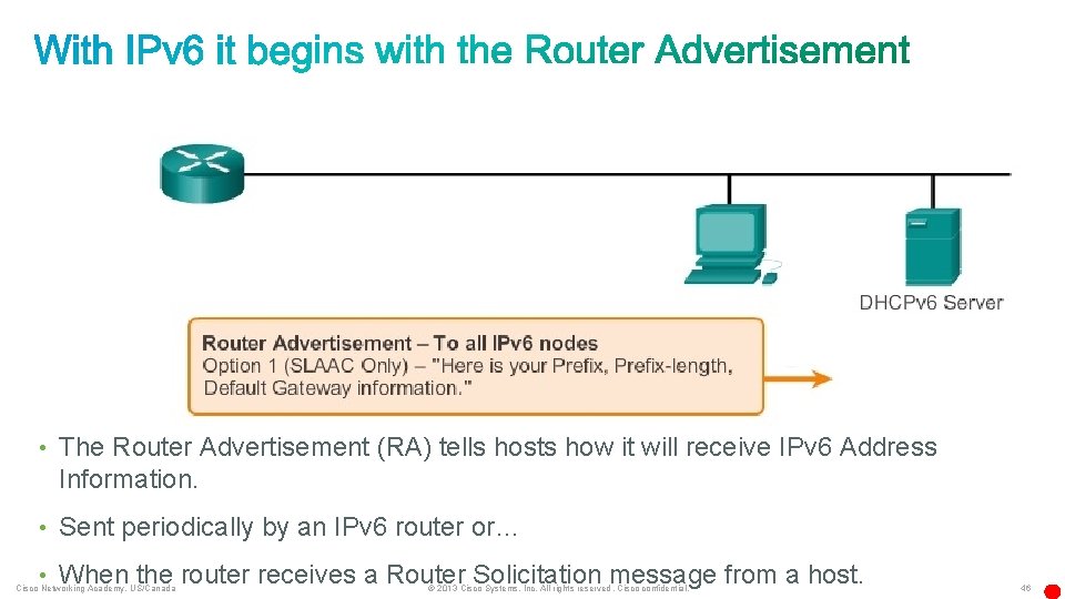  • The Router Advertisement (RA) tells hosts how it will receive IPv 6