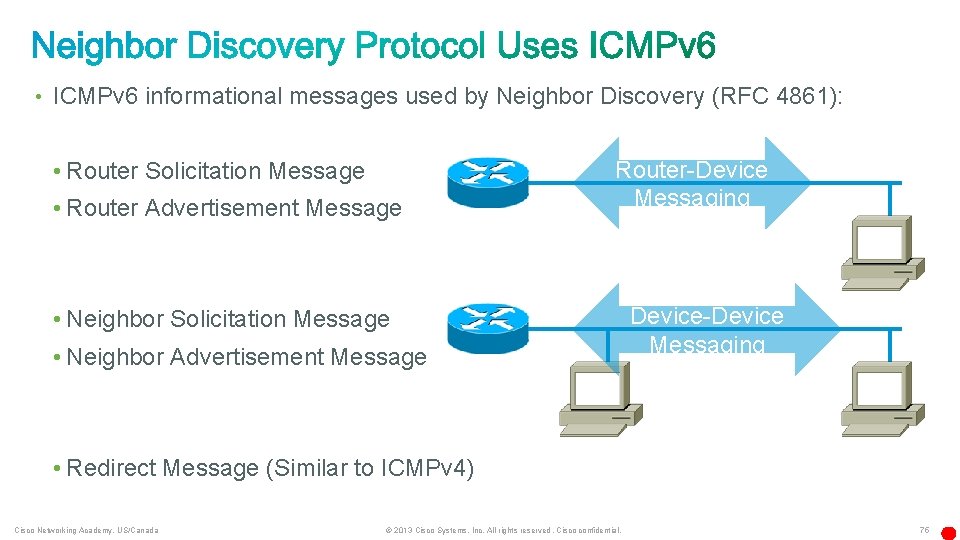  • ICMPv 6 informational messages used by Neighbor Discovery (RFC 4861): • Router