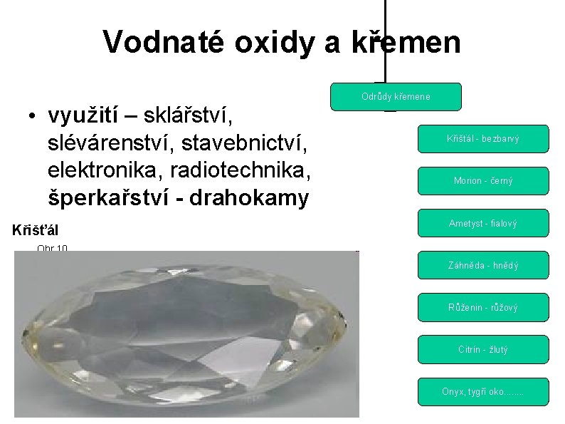 Vodnaté oxidy a křemen Odrůdy křemene • využití – sklářství, slévárenství, stavebnictví, elektronika, radiotechnika,