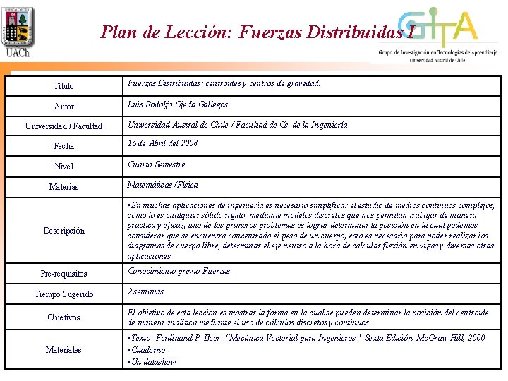 Plan de Lección: Fuerzas Distribuidas I Título Fuerzas Distribuidas: centroides y centros de gravedad. Plan de Lección: Fuerzas Distribuidas I Título Fuerzas Distribuidas: centroides y centros de gravedad.
