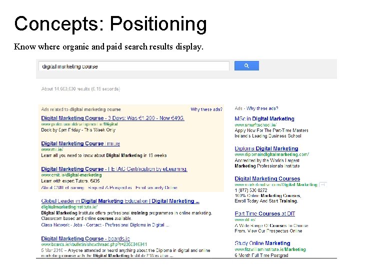 Concepts: Positioning Know where organic and paid search results display. 