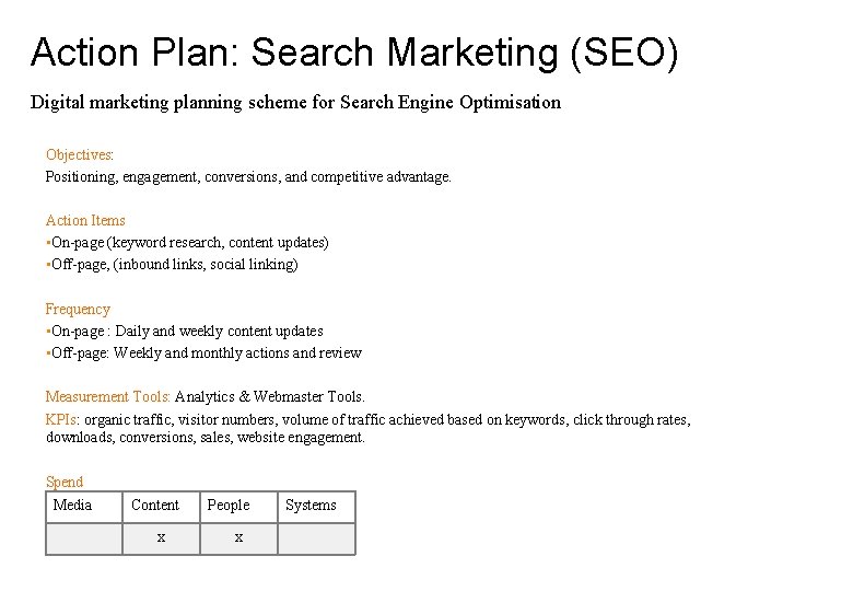 Action Plan: Search Marketing (SEO) Digital marketing planning scheme for Search Engine Optimisation Objectives:
