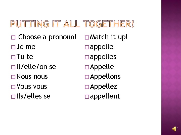 Choose a pronoun! � Je me � Tu te � Il/elle/on se � Nous