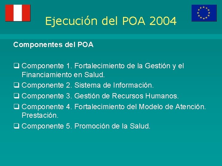 Ejecución del POA 2004 Componentes del POA q Componente 1. Fortalecimiento de la Gestión