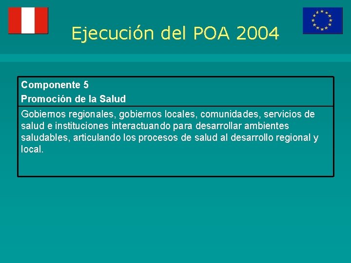 Ejecución del POA 2004 Componente 5 Promoción de la Salud Gobiernos regionales, gobiernos locales,