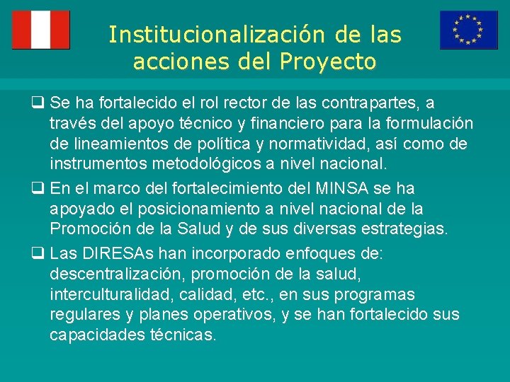 Institucionalización de las acciones del Proyecto q Se ha fortalecido el rol rector de