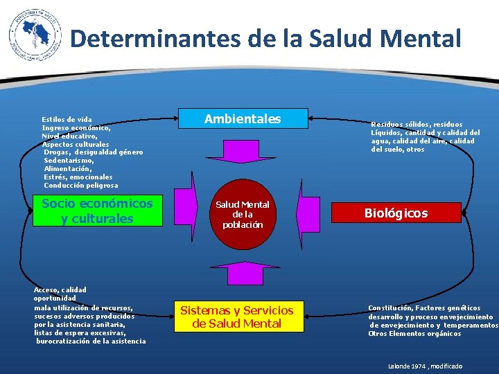 Determinantes de la Salud Mental Estilos de vida Ingreso económico, Nivel educativo, Aspectos culturales