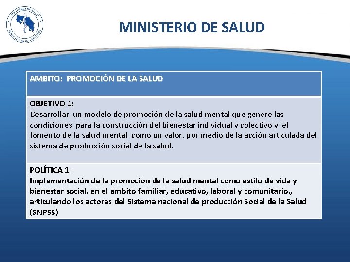 MINISTERIO DE SALUD AMBITO: PROMOCIÓN DE LA SALUD OBJETIVO 1: Desarrollar un modelo de