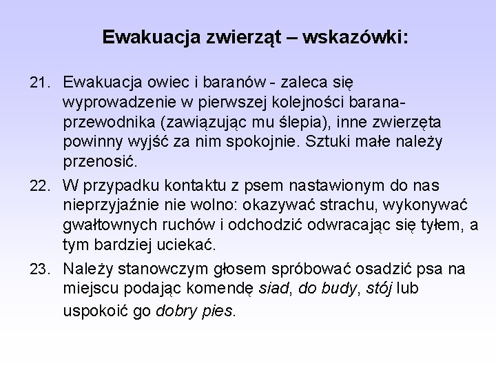 Ewakuacja zwierząt – wskazówki: 21. Ewakuacja owiec i baranów - zaleca się wyprowadzenie w