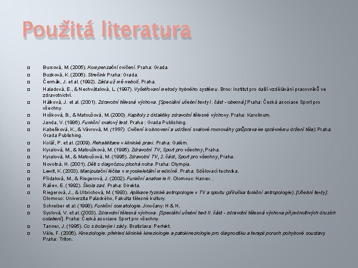Použitá literatura Bursová, M. (2005). Kompenzační cvičení. Praha: Grada. Buzková, K. (2006). Strečink Praha: