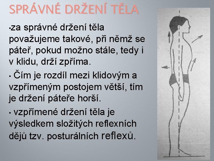 SPRÁVNÉ DRŽENÍ TĚLA • za správné držení těla považujeme takové, při němž se páteř, SPRÁVNÉ DRŽENÍ TĚLA • za správné držení těla považujeme takové, při němž se páteř,