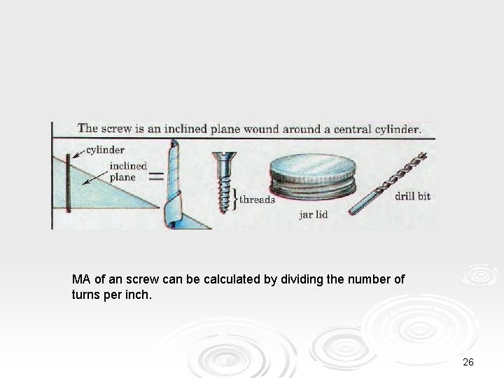 MA of an screw can be calculated by dividing the number of turns per