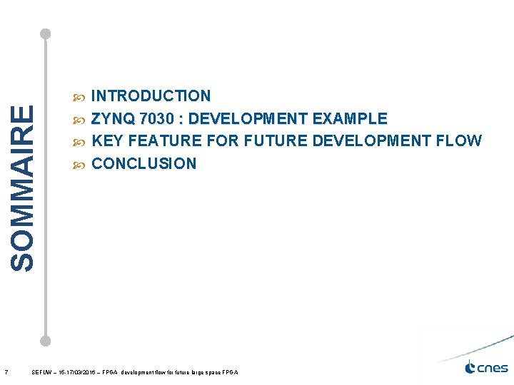 INTRODUCTION ZYNQ 7030 : DEVELOPMENT EXAMPLE KEY FEATURE FOR FUTURE DEVELOPMENT FLOW CONCLUSION SOMMAIRE