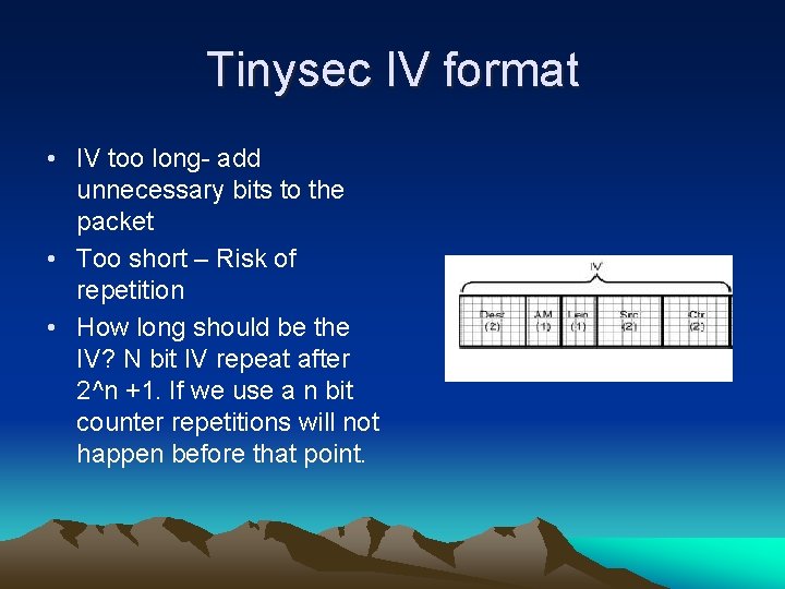 Tinysec IV format • IV too long- add unnecessary bits to the packet •