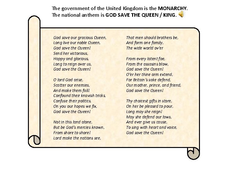 The government of the United Kingdom is the MONARCHY. The national anthem is GOD