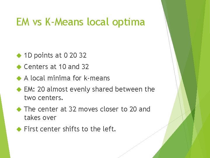 EM vs K-Means local optima 1 D points at 0 20 32 Centers at