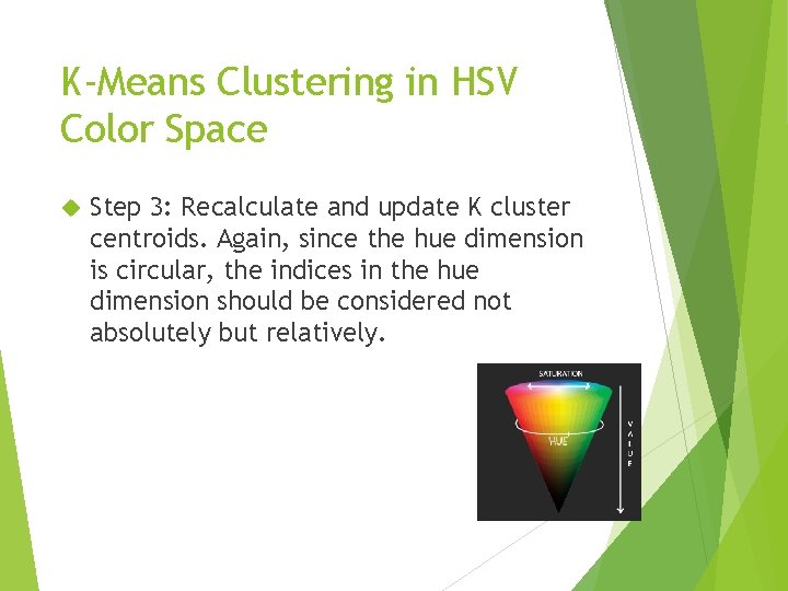 K-Means Clustering in HSV Color Space Step 3: Recalculate and update K cluster centroids.