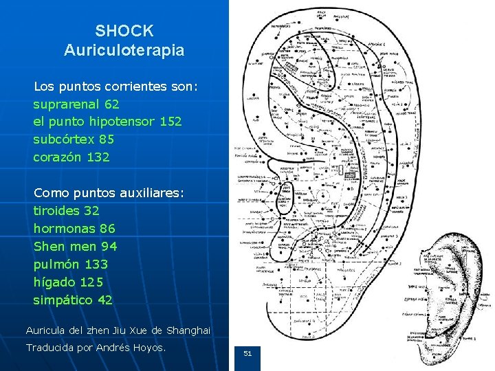 SHOCK Auriculoterapia Los puntos corrientes son: suprarenal 62 el punto hipotensor 152 subcórtex 85