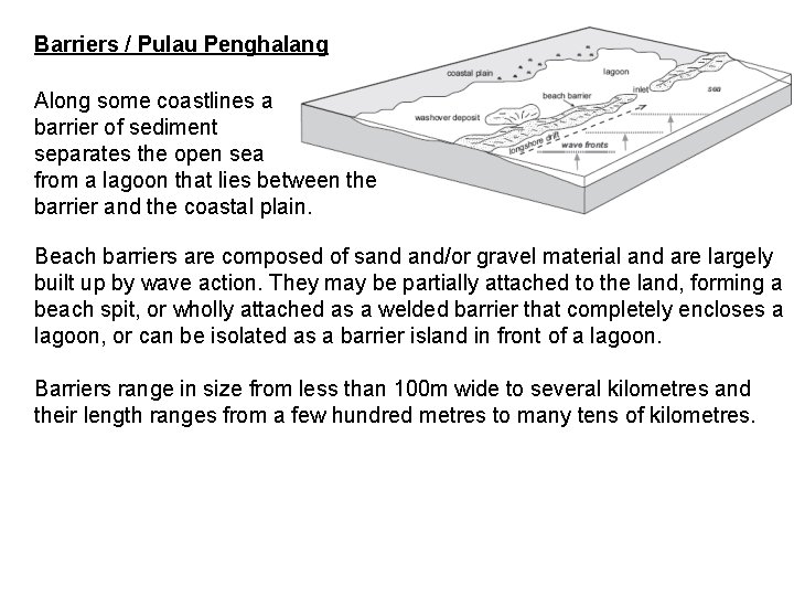 Barriers / Pulau Penghalang Along some coastlines a barrier of sediment separates the open