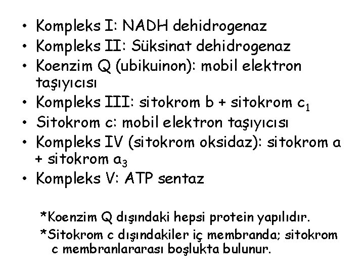  • Kompleks I: NADH dehidrogenaz • Kompleks II: Süksinat dehidrogenaz • Koenzim Q