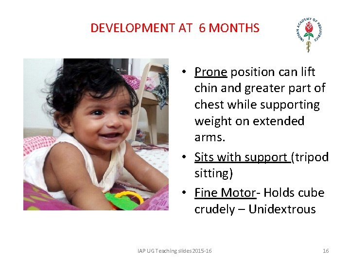 DEVELOPMENT AT 6 MONTHS • Prone position can lift chin and greater part of