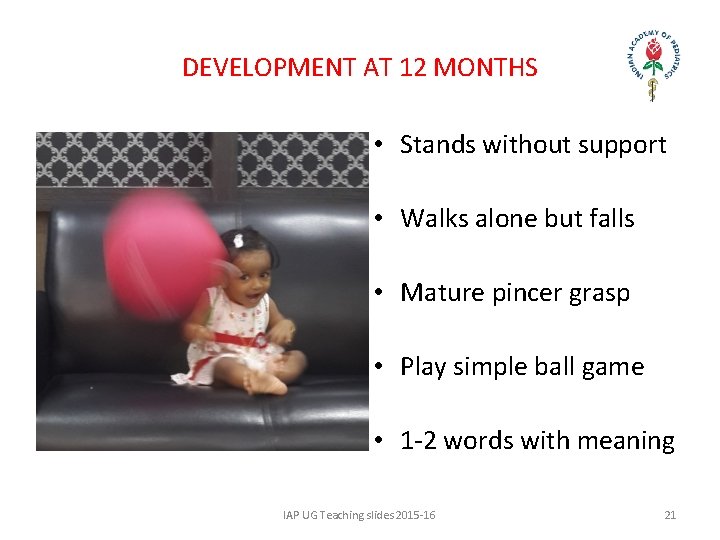 DEVELOPMENT AT 12 MONTHS • Stands without support • Walks alone but falls •