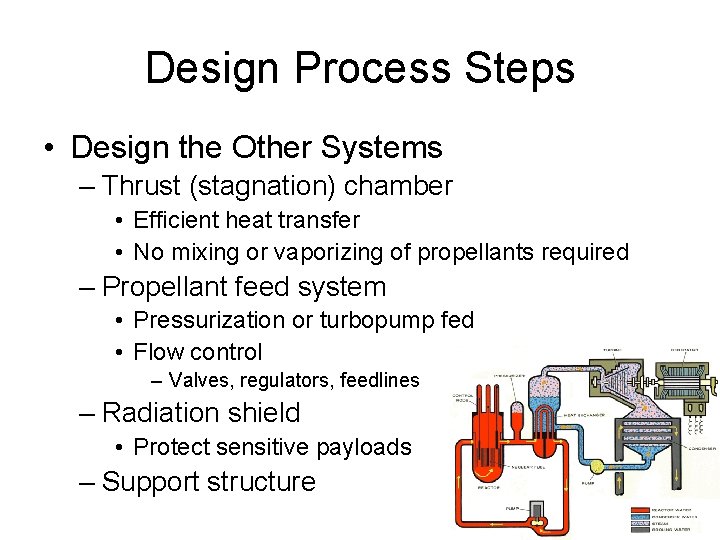 Design Process Steps • Design the Other Systems – Thrust (stagnation) chamber • Efficient